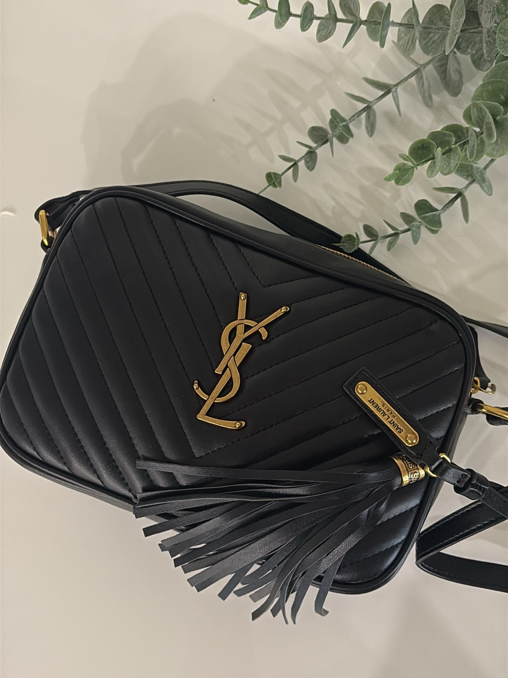 Saint Laurent Black Chevron Quilted Leather Crossbody with Gold YSL Hardware